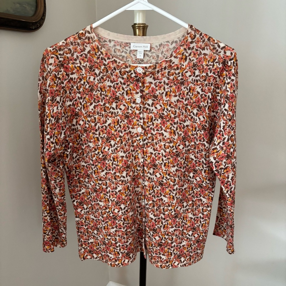 Garnet Hill Signature Merino Wool Floral Print Cardigan Size Small